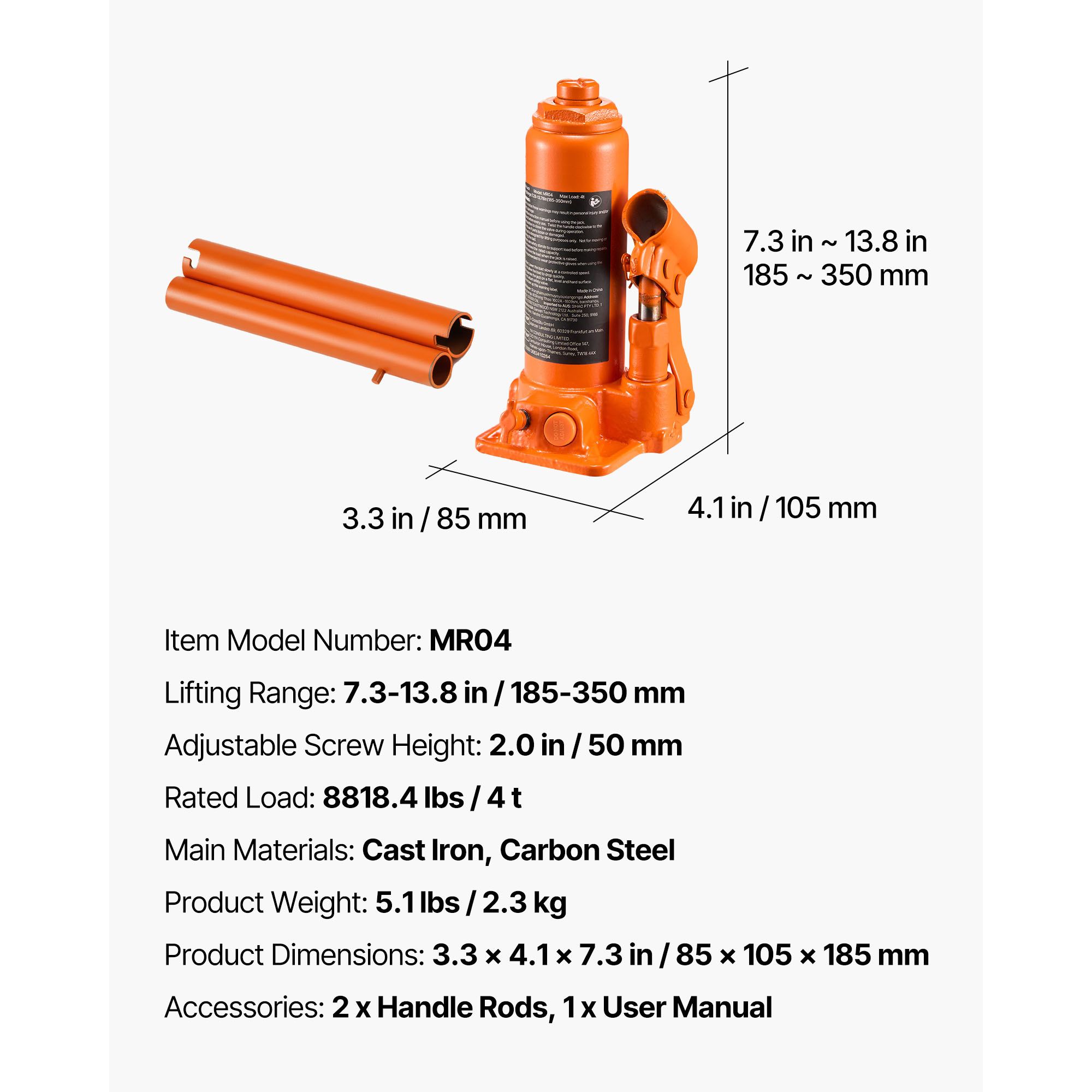 Welding Heavy Equipment - Hydraulic Bottle Jack, 4 Ton (8818.4